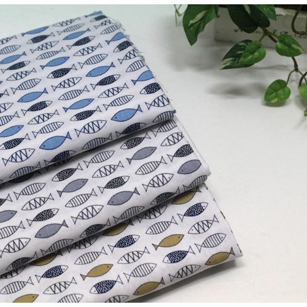 Cotton Plain Weave cotton cloth Fabrics by the yard 43x35.4" Scandinavia fish