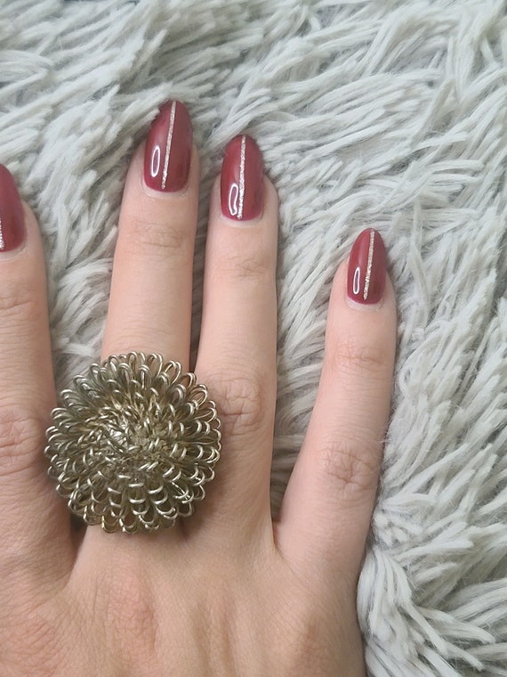 Large Silver Tone Puff Flower Metal Statement Ring