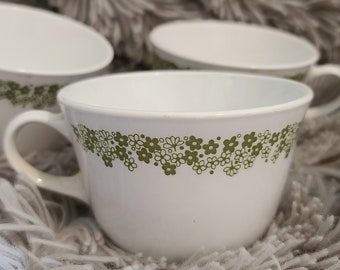 Set of Six Vintage 1970's Green Crazy Daisey Corelle Coffee/Teacups | Vintage Cups | Vintage Dishes | Vintage Mugs | Vintage Dish Sets |