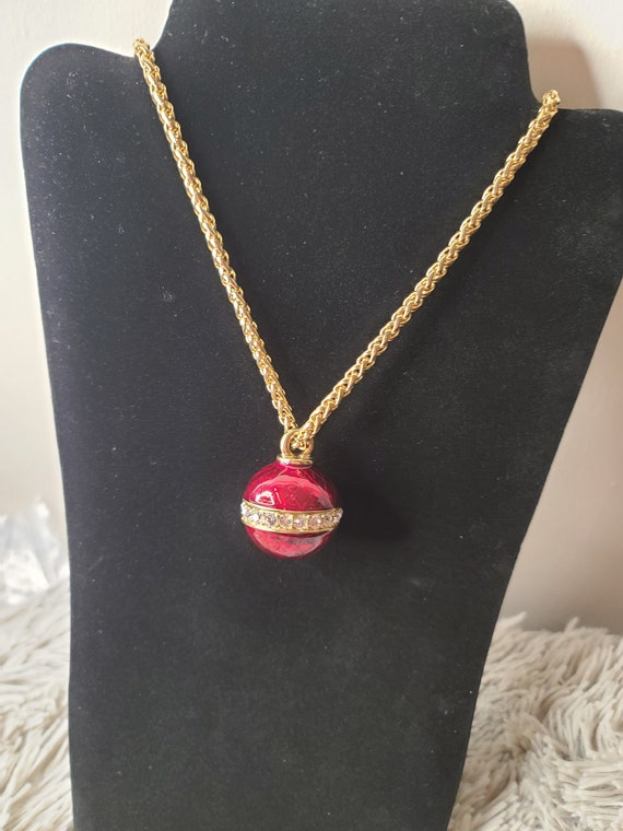 Vintage Red and Rhinestone Heavy Round Pendant Lon