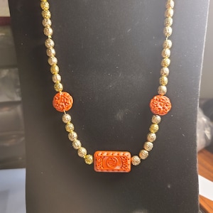 Vintage Carved Faux Cinnabar and Gold Bead Necklace | Carved Cinnabar | Chinese Jewelry | Chinese Necklace | Chinese Cinnabar | Gold Beaded