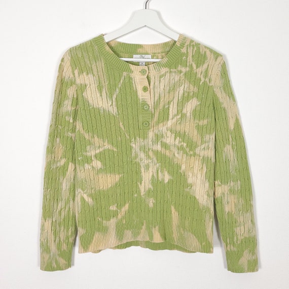 Studio Works Y2K Green Henley Cable Knit Tie Dye … - image 1