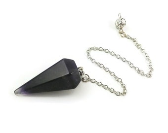 Natural amethyst dowsing pendulum faceted cone pendant, with brass chain