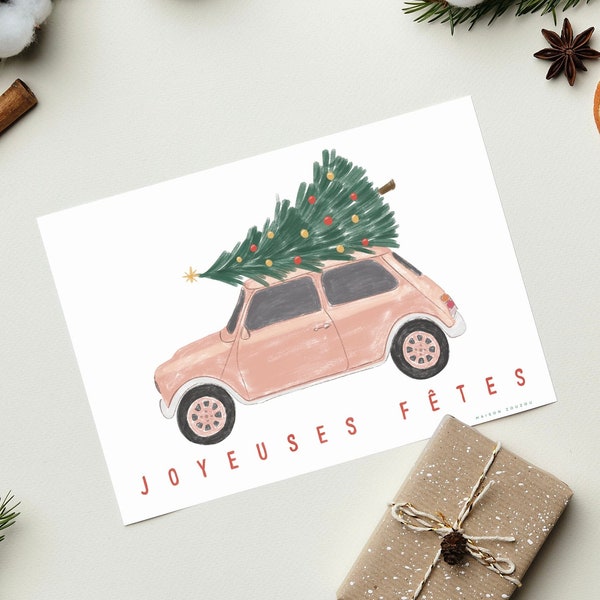 Illustration * Pink mini & christmas tree *. Illustration festive avec voiture rose et sapin de Noël. Carte postale et affiche.