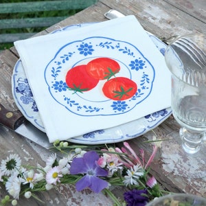 Linen napkins *Spring vegetables*. 42x42cm (tomatoes, carrots, artichoke, asparagus, radishes, peas)