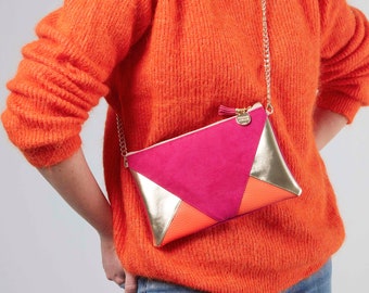 Fuchsia and orange wedding clutch. (suede, imitation leather). Model *PAULA*