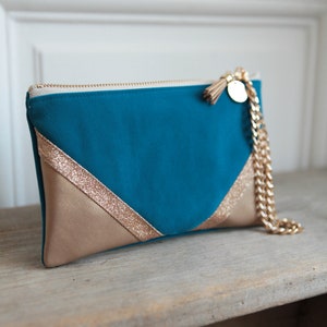 Blue and gold evening pouch. (suede, imitation leather and sequins). Model *CHIARA*