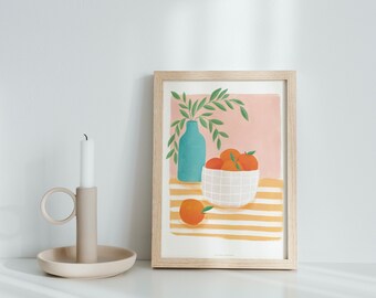 Illustration *Oranges*. Illustration corbeille d'oranges, vase et feuillage. Carte postale et affiche.