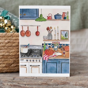 Illustration *Autumn cuisine*. Autumnal and cozy illustration of a kitchen. Postcard and poster.