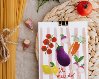 Illustration *Il mercato*. Illustration fruits et légumes. Carte postale et affiche.