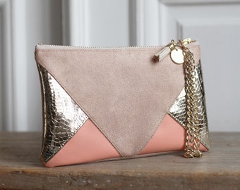 Coral and golden wedding pouch. (suede, imitation leather). Model *PAULA*