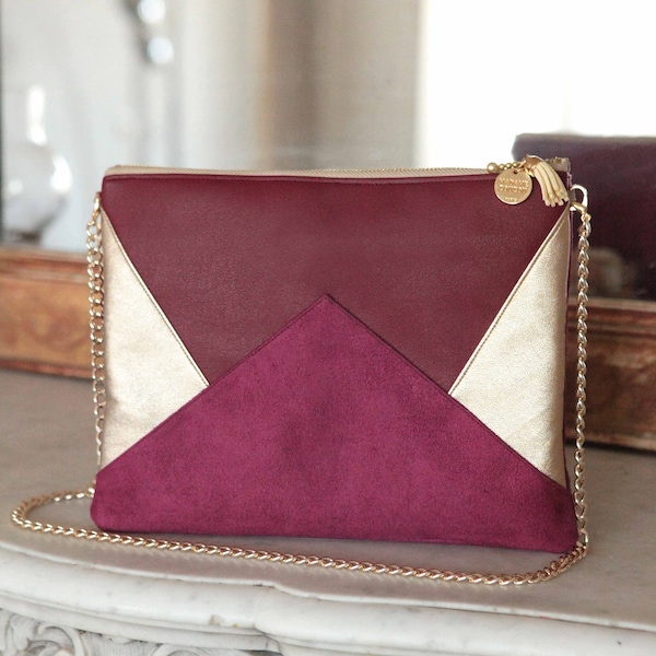 Burgundy and gold evening bag / clutch. (suede, imitation leather). Model *EMMA*