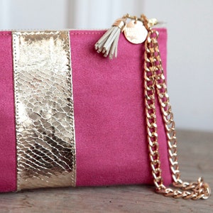 Pochette mariage rose et dorée (suédine et simili cuir). Modèle *NORA*