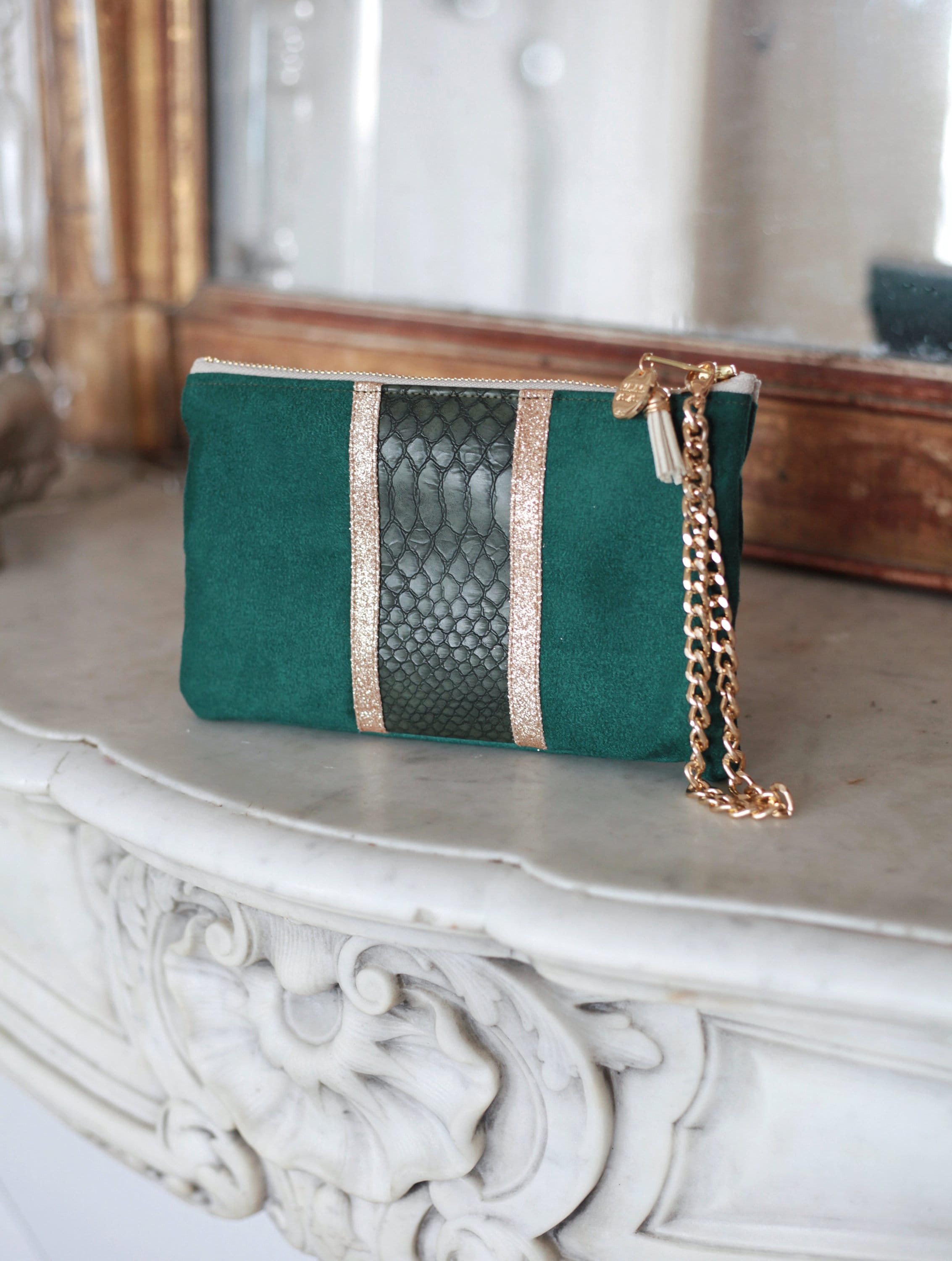Fir Green and Gold Evening Clutch Bag suede Faux Leather and