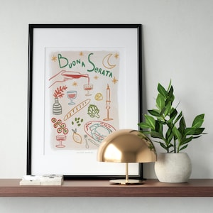 Illustration *Buona Serata*. Food illustration, summer table. Postcard and poster.