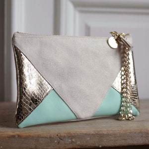 Mint green and golden wedding pouch. (suede, imitation leather). Model *PAULA*
