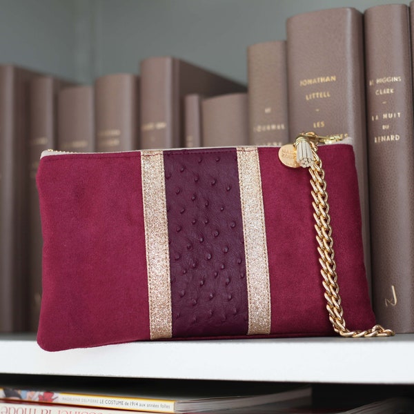 Evening clutch (suede, imitation leather and sequins) -burgundy - Nora model