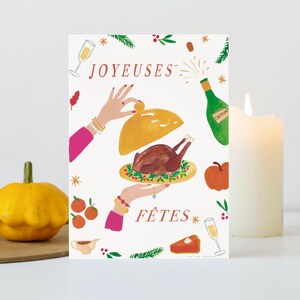 Illustration * Repas de fête! *. Illustration festive avec bouteille de champagne, dinde et citrouille. Carte postale et affiche.