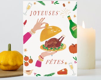 Illustration * Repas de fête! *. Illustration festive avec bouteille de champagne, dinde et citrouille. Carte postale et affiche.