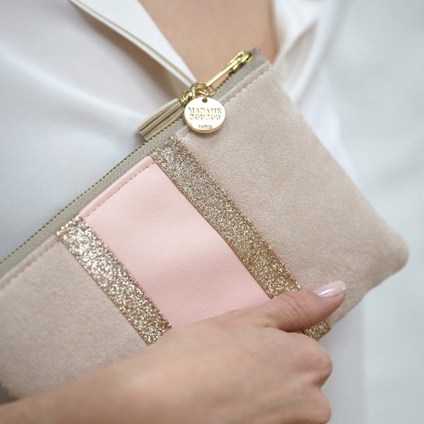 Pouch *NORA* glitter cream (suede, imitation leather and sequins)