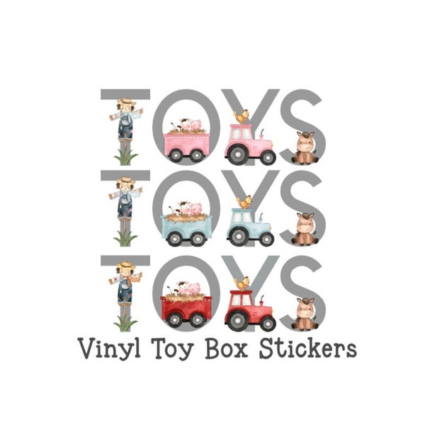TOY BOX Stickers, TOYS sticker, Farm Animal Style, Stick On Letters, Pink Blue Tractor, Grey Stickers, Toy Box Storage, Vinyl 4" high letter