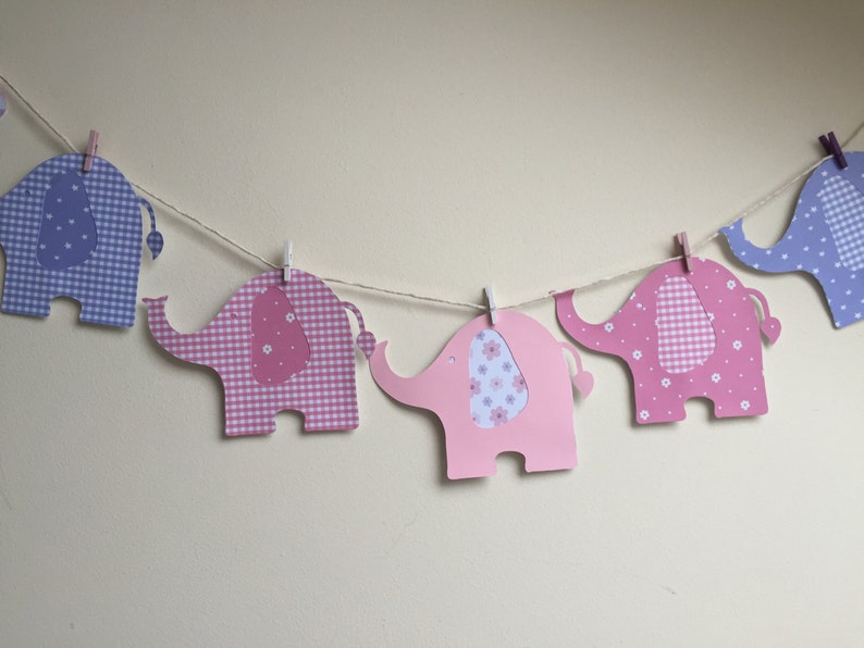 Pink Blue or Yellow patterned card with individual mini wooden pegs and string Elephant Design Baby Bunting for baby showers or new baby