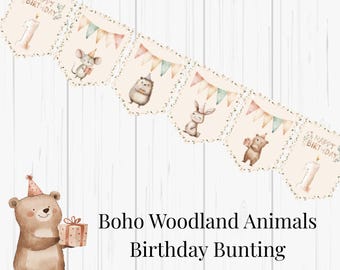 Guirnalda de animales del bosque estilo bohemio para cumpleaños, de 1 a 4 años