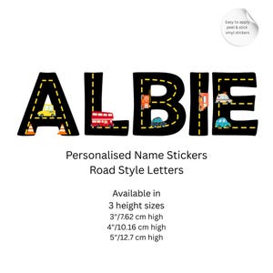 Pegatinas personalizadas con nombre, temática de transporte por carretera, nombres con diseño de carreteras, letras negras decoradas con vehículos originales, pegatinas de pared de transporte
