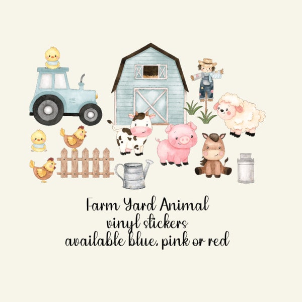 Stickers animaux de la cour de la ferme, Stickers vinyles animaux de la ferme, Sticker mural, Décoration murale pour chambre d'enfant, Tracteur rouge, Tracteur bleu, Tracteur rose