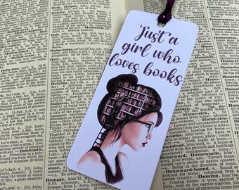 Marcador de livros para amantes de livros: Menina com livros, fita roxa