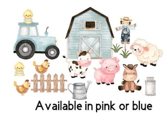 Farm Animal Stickers, Farm Animals Vinyl Decal Stickers, Wall Stickers, Kids Stickers, Tractor, Cow, Pig, Sheep, Horse, Pink, Blue or Red