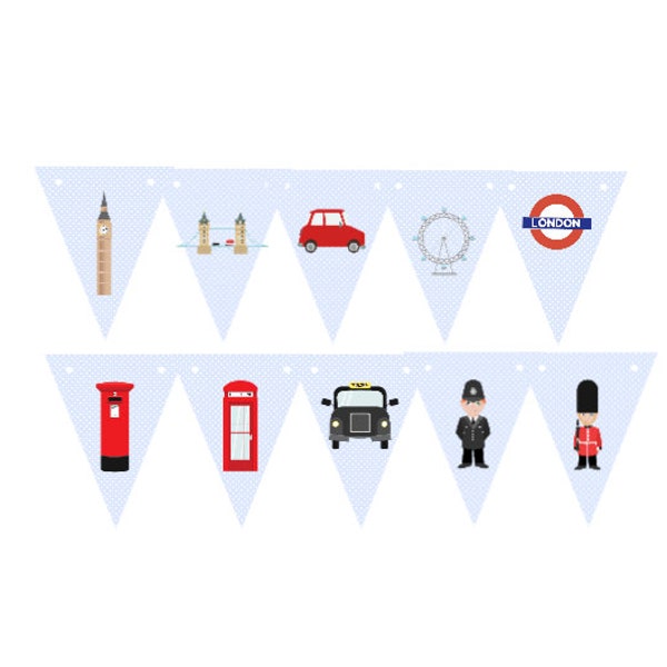 London Bunting, London Nursery Wall Garland, London Theme, Nursery Bunting, Party Garland, 10 Individual Flags