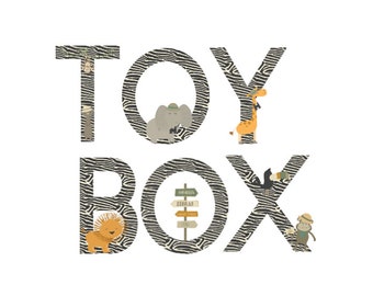 TOY BOX Sticker, Black and White Safari Animal Theme Vinyl Stickers, 3" High, 7.62 cm High, Toy Box Label, Toy Box Storage, Toy Storage