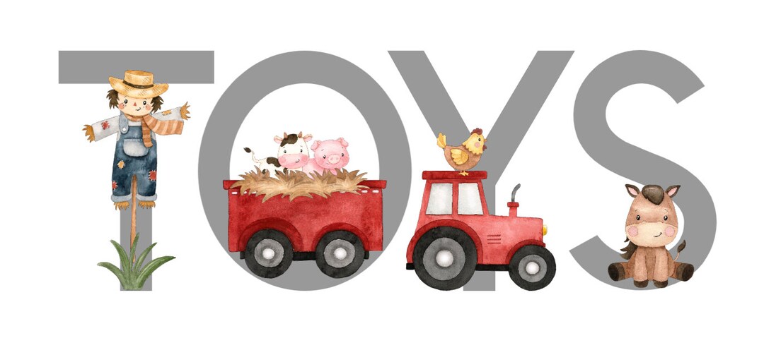 TOY BOX Stickers, TOYS Sticker, Grey Farm Animal Style Stickers, Pink