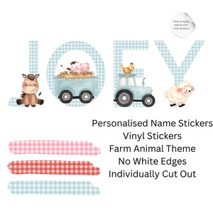 May include: Personalised name stickers with a farm animal theme. The name "JOEY" is spelled out with letters in a blue gingham pattern. Each letter features a farm animal illustration, including a horse, pigs, a chicken, and a sheep.