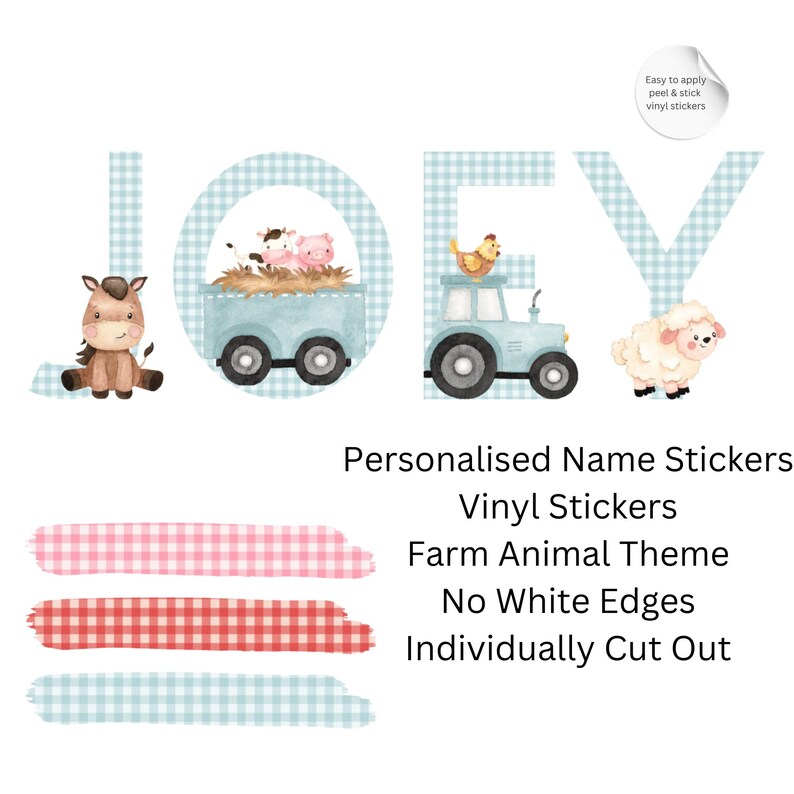 May include: Personalised name stickers with a farm animal theme. The name "JOEY" is spelled out with letters in a blue gingham pattern. Each letter features a farm animal illustration, including a horse, pigs, a chicken, and a sheep.