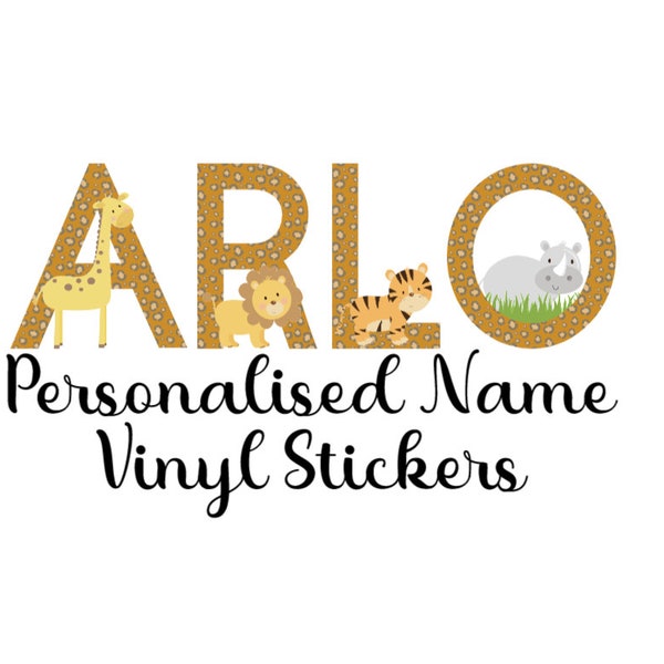 Personalised Name Stickers, Jungle Animal Theme Name, Stick on vinyl letters, 3" High, 7.62 cm high, Safari Name Sticker, Safari Animals,