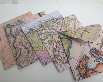 Vintage Map Theme Envelopes - handmade envelopes set of 5 supplied travel themed wedding, thank you notes, party, vintage stationery prints