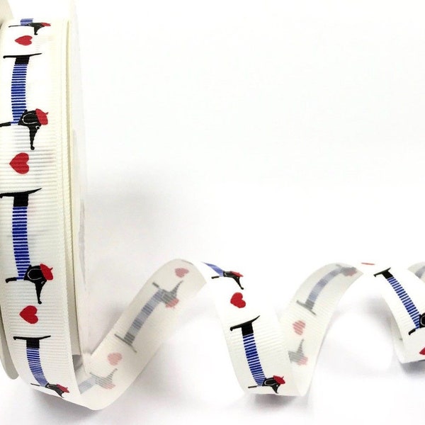 Dachshund Ribbon, French Dachshund With Red Beret Red Heart, Cute Sausage Dog Ribbon, 16 mm polyester grosgrain