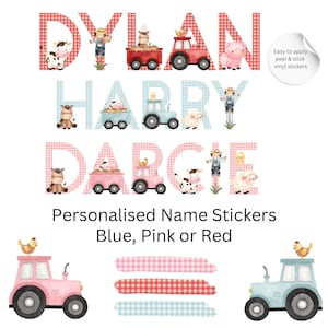 May include: Personalised name stickers in blue, pink, or red. The names Dylan, Harry, and Darcie are displayed with farm animal illustrations and tractor designs. The text "Easy to apply peel & stick vinyl stickers" is also included.