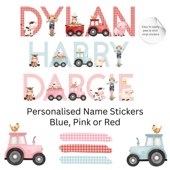 Farm Animal Name Stickers, Gingham Letters, Nursery Decor (4 inch)