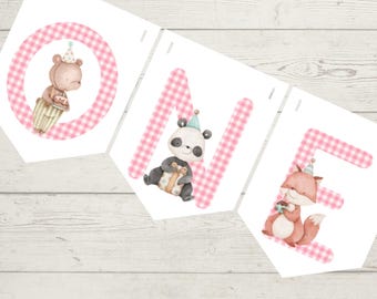 Bosdieren verjaardagsslinger, eerste tweede derde verjaardagsbanner, bosfeestdecoraties, roze blauw beige verjaardagsslinger