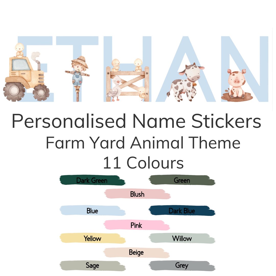 Farm Name Sticker Farm Yard Animal Theme Personalised Name Stickers, 15 Colours, Gingham ...