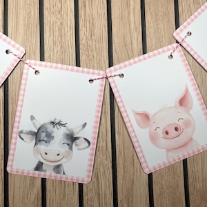 Bauernhof Tier Wimpelgirlande, Bauernhof Tier Portrait Girlande, Wimpelkette, rosa blau kariert, Kinderzimmer Wandbehang,