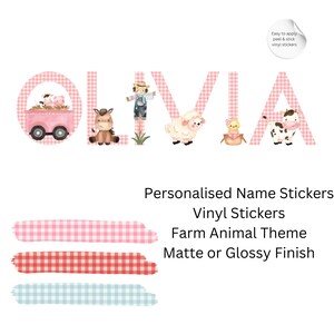 May include: The name "OLIVIA" is spelt out in pink gingham letters, each decorated with farm animals. The image features a pink wagon with pigs, a horse, a scarecrow, a sheep, a chick, and a cow. Text reads "Personalised Name Stickers, Vinyl Stickers, Farm Animal Theme, Matte or Glossy Finish."