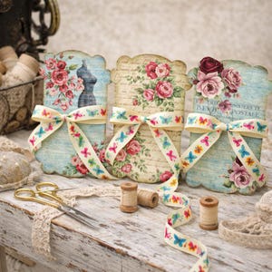Kaarten met vintage naaiontwerp lintkloshouder: set van 4 inch