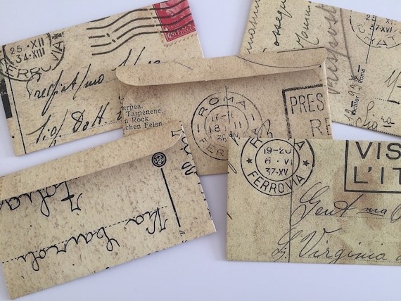 Vintage Theme Envelopes, Vintage Envelopes With Stamps, Handmade Envelopes,  5 Vintage Italian Themed Envelopes, Vintage Print Style 