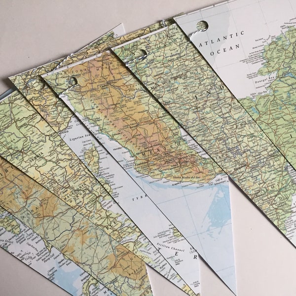 Map Bunting, 7 ft long with 7 individual card flags, prints of maps, travel themed wedding, classroom display