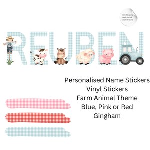 May include: Personalised name stickers spelling "REUBEN" with a farm animal theme. The letters are light blue gingham, and each letter has a different farm animal. The image also shows pink, red, and blue gingham swatches.