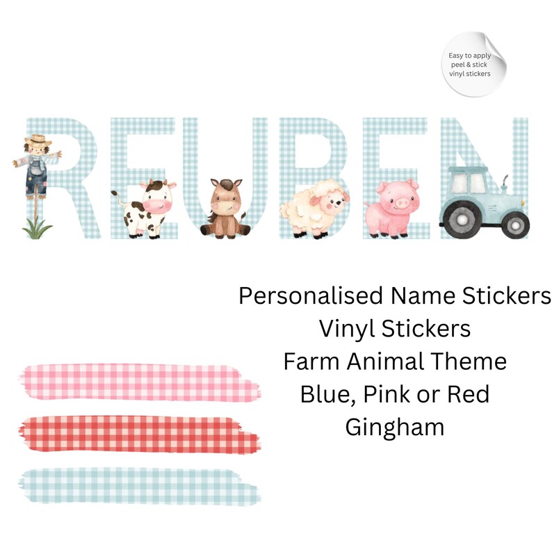May include: Personalised name stickers spelling "REUBEN" with a farm animal theme. The letters are light blue gingham, and each letter has a different farm animal. The image also shows pink, red, and blue gingham swatches.